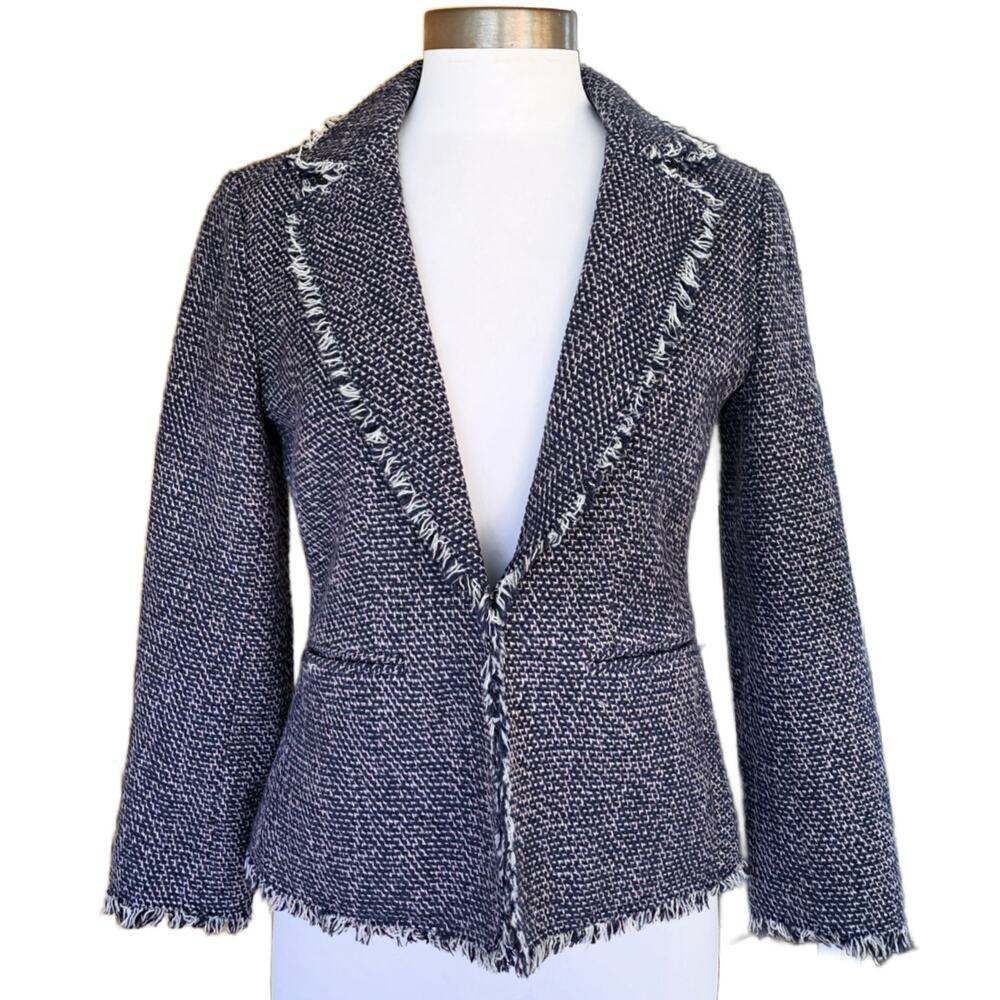 ANN TAYLOR Navy Tweed Fringe  Blazer Jacket Size 2